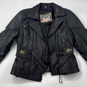 Womens Leather Jacket Black Small Motorcycle Zip Off Quilted Liner Belted Biker